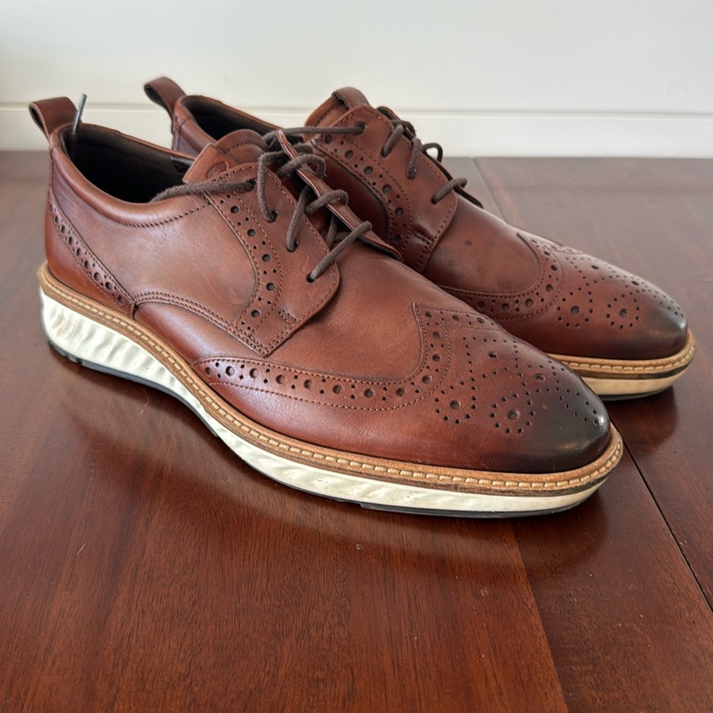 Ecco ST.1 Hybrid Cognac Brown Leather Brogue Wingtip Oxford Shoes Mens US 8-8.5